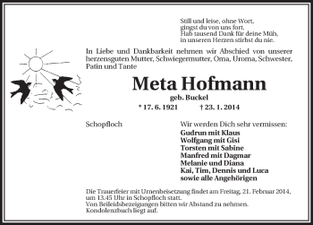 Traueranzeige von Meta Hofmann von Dinkelsbühl/Feuchtwangen