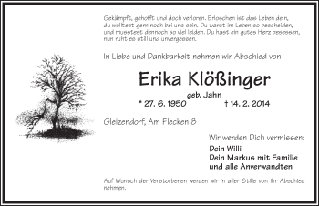 Traueranzeige von Erika Klößinger von Ansbach