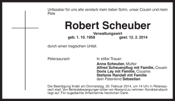 Traueranzeige von Robert Scheuber von Ansbach