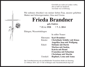 Traueranzeige von Frieda Brandner von Dinkelsbühl/Feuchtwangen