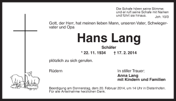 Traueranzeige von Hans Lang von Ansbach