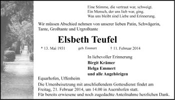 Traueranzeige von Elsbeth Teufel von Neustadt/ Scheinfeld/ Uffenheim