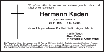 Traueranzeige von Hermann Kaden von Ansbach
