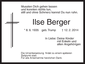 Traueranzeige von Ilse Berger von Dinkelsbühl/Feuchtwangen