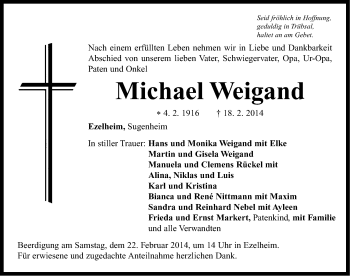 Traueranzeige von Michael Weigand von Neustadt/Scheinfeld/Uffenheim