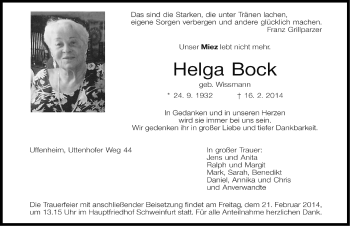 Traueranzeige von Helga Bock von Neustadt/Scheinfeld/Uffenheim