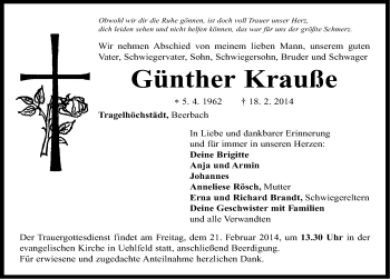 Traueranzeige von Günther Krauße von Neustadt/Scheinfeld/Uffenheim
