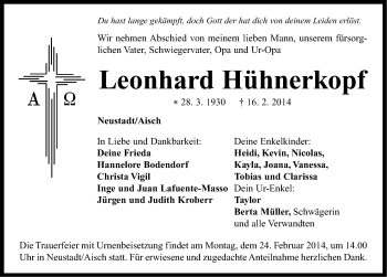 Traueranzeige von Leonhard Hühnerkopf von Neustadt/Scheinfeld/Uffenheim