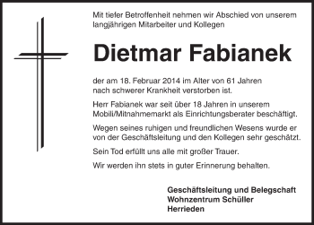 Traueranzeige von Dietmar Fabianek von Ansbach
