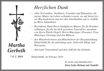 Traueranzeige von Martha Gerbeth von Dinkelsbühl/ Feuchtwangen