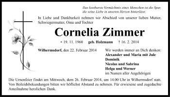Traueranzeige von Cornelia Zimmer von Neustadt/ Scheinfeld/ Uffenheim