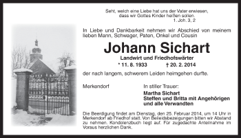 Traueranzeige von Johann Sichart von Ansbach