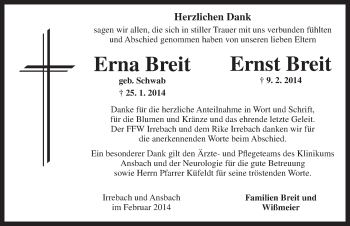 Traueranzeige von Erna Breit von Ansbach