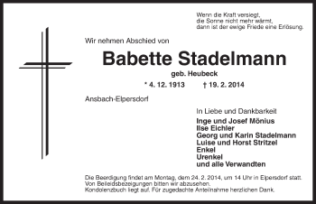 Traueranzeige von Babette Stadelmann von Ansbach