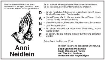 Traueranzeige von Anni Neidlein von Dinkelsbühl/ Feuchtwangen