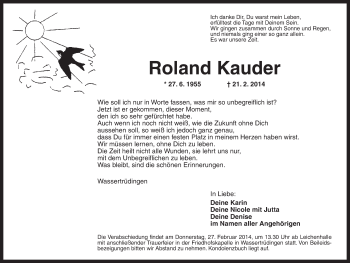 Traueranzeige von Roland Kauder von Dinkelsbühl/ Feuchtwangen