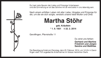 Traueranzeige von Martha Stöhr von Dinkelsbühl/ Feuchtwangen