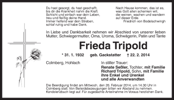 Traueranzeige von Frieda Tripold von Ansbach