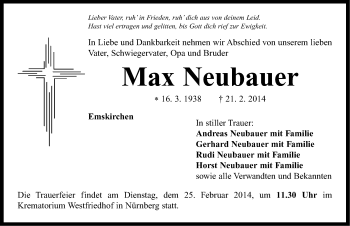 Traueranzeige von Max Neubauer von Neustadt/ Scheinfeld/ Uffenheim