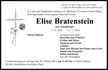 Traueranzeige von Elise Bratenstein von Neustadt/ Scheinfeld/ Uffenheim