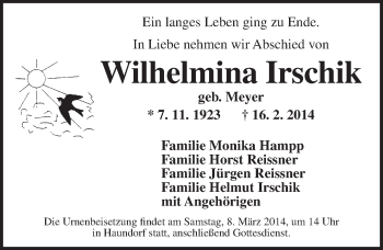 Traueranzeige von Wilhelmina Irschik von Dinkelsbühl/ Feuchtwangen
