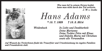 Traueranzeige von Hans Adams von Ansbach