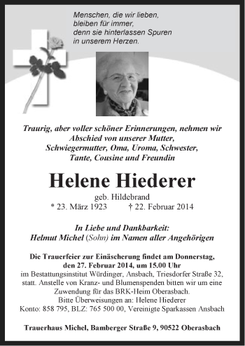 Traueranzeige von Helene Hiederer von Ansbach