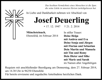 Traueranzeige von Josef Deuerling von Neustadt/ Scheinfeld/ Uffenheim