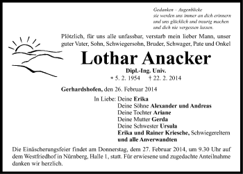 Traueranzeige von Lothar Anacker von Neustadt/ Scheinfeld/ Uffenheim