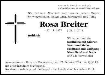 Traueranzeige von Rosa Breiter von Neustadt/ Scheinfeld/ Uffenheim