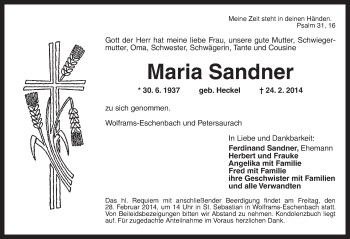 Traueranzeige von Maria Sandner von Ansbach