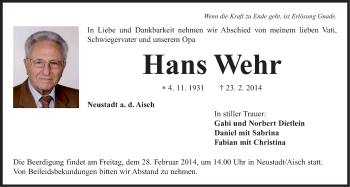 Traueranzeige von Hans Wehr von Neustadt/ Scheinfeld/ Uffenheim