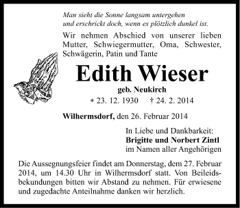 Traueranzeige von Edith Wieser von Neustadt/ Scheinfeld/ Uffenheim