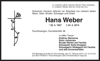 Traueranzeige von Hans Weber von Dinkelsbühl/ Feuchtwangen