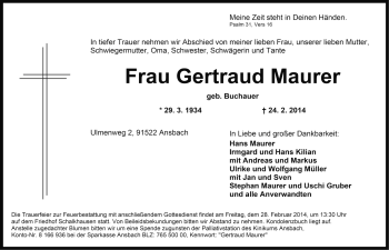 Traueranzeige von Gertraud Maurer von Ansbach