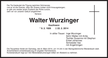 Traueranzeige von Walter Wurziger von Ansbach