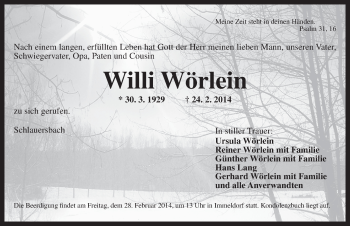 Traueranzeige von Willi Wörlein von Ansbach