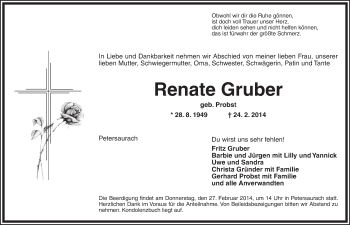 Traueranzeige von Renate Gruber von Ansbach