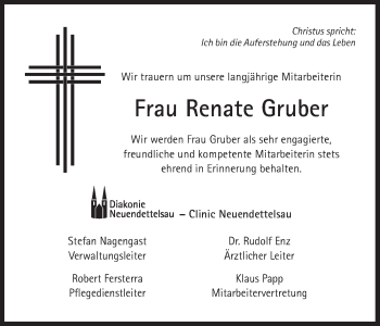 Traueranzeige von Renate Gruber von Ansbach