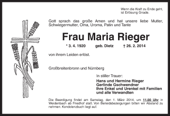 Traueranzeige von Maria Rieger von Ansbach