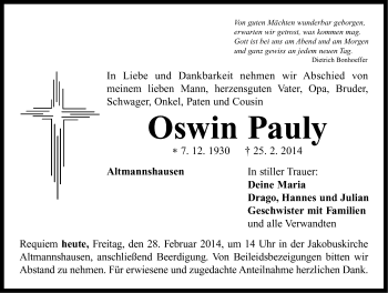 Traueranzeige von Oswin Pauly von Neustadt/ Scheinfeld/ Uffenheim