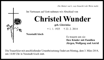 Traueranzeige von Christel Wunder von Neustadt/ Scheinfeld/ Uffenheim