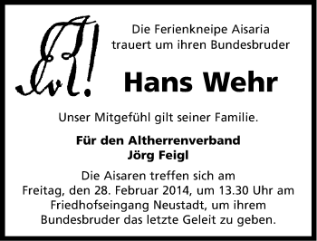Traueranzeige von Hans Wehr von Neustadt/ Scheinfeld/ Uffenheim