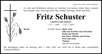 Traueranzeige von Fritz Schuster von Neustadt/ Scheinfeld/ Uffenheim