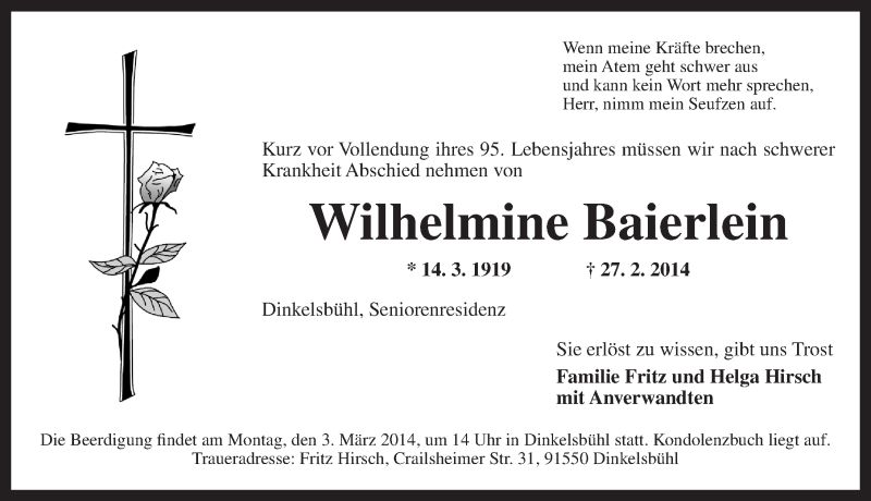  Traueranzeige für Wilhelmine Baierlein vom 01.03.2014 aus Dinkelsbühl/ Feuchtwangen