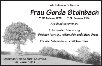 Traueranzeige von Gerda Steinbach von Ansbach