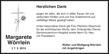 Traueranzeige von Margarete Wörrlein von Ansbach