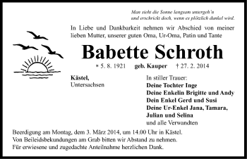 Traueranzeige von Babette Schroth von Neustadt/ Scheinfeld/ Uffenheim
