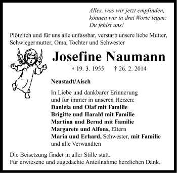 Traueranzeige von Josefine Naumann von Neustadt/ Scheinfeld/ Uffenheim