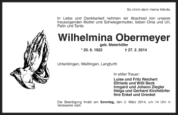 Traueranzeige von Wilhelmina Obermeyer von Dinkelsbühl/ Feuchtwangen